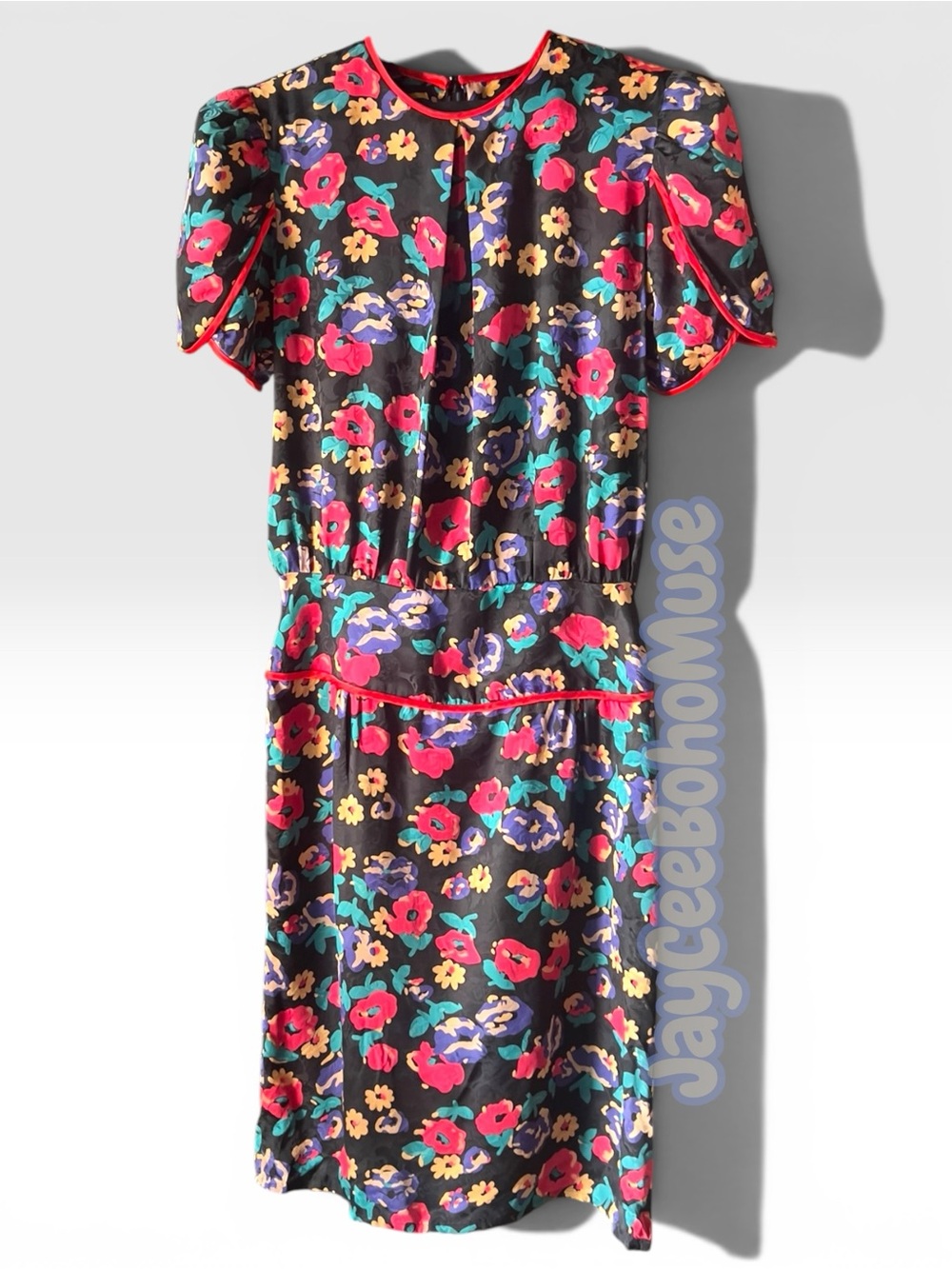 Vtg Flora Kung 100% silk Floral Puff-Sleeve Midi Dress in Black with Red Trim